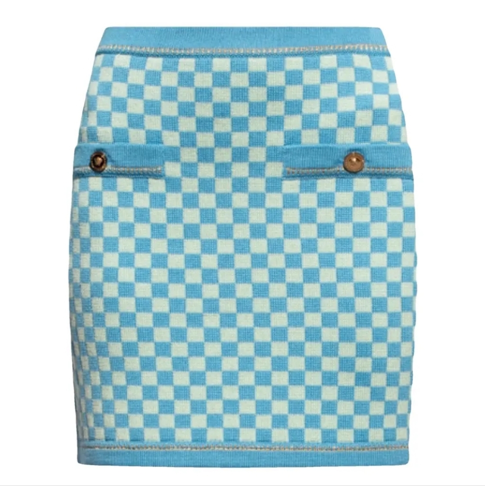Versace Blue and Light Mint Checkered Skirt with Gold Buttons